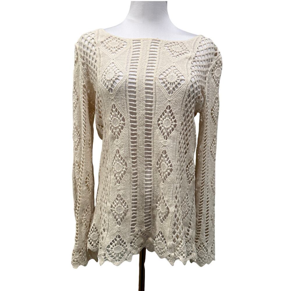 Francesca's Cream Crochet Lace Knit Boho Bell Sleeve Top Medium Indie Coverup